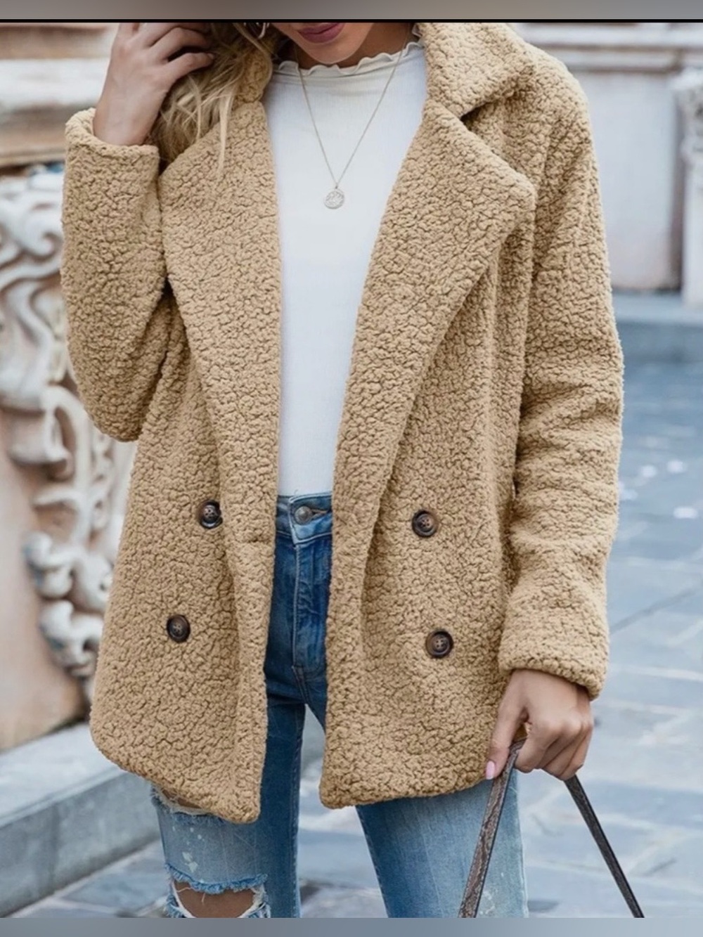 Double-Breasted Teddy Coat in Camel size small NWT